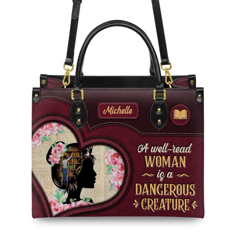 A Well Read Woman Is A Dangerous Creature Leather Bag, view 4, handmade book lover gift