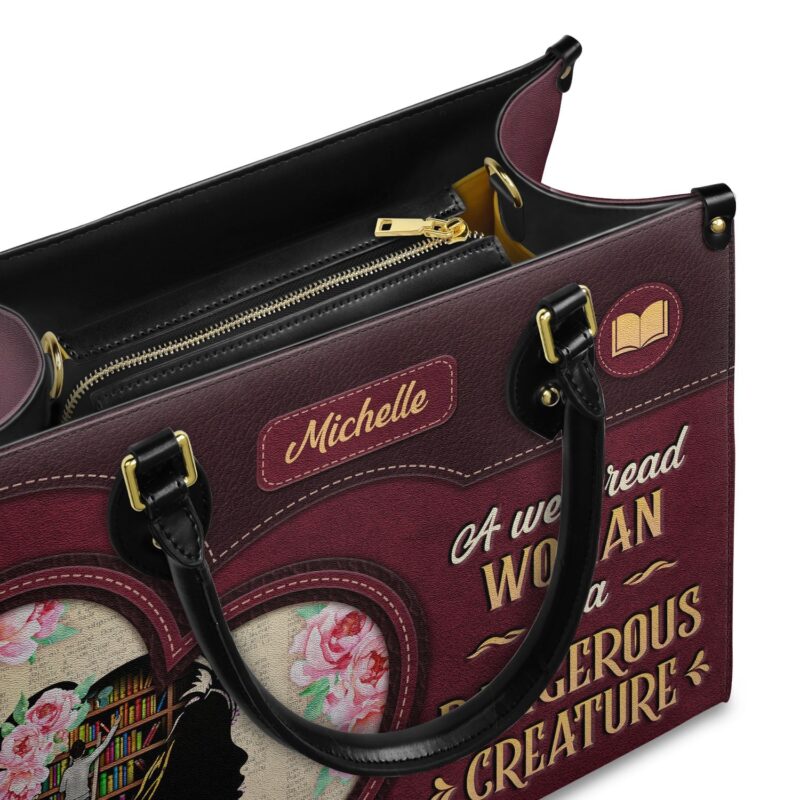 A Well Read Woman Is A Dangerous Creature Leather Bag, view 6, handmade book lover gift