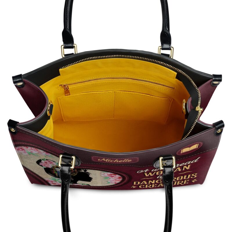 A Well Read Woman Is A Dangerous Creature Leather Bag, view 8, handmade book lover gift