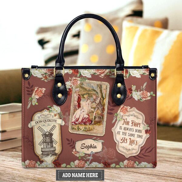 Hope & Love Leather Bag - Personalized Don Quixote Gift, handmade literary leather handbag