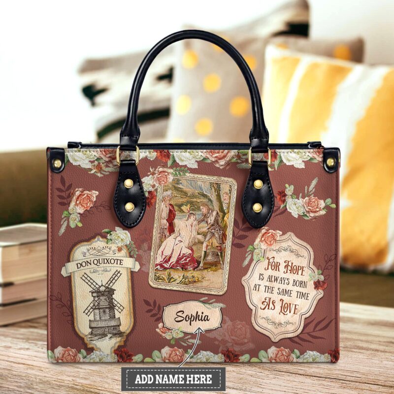 Hope & Love Leather Bag - Personalized Don Quixote Gift, handmade literary leather handbag
