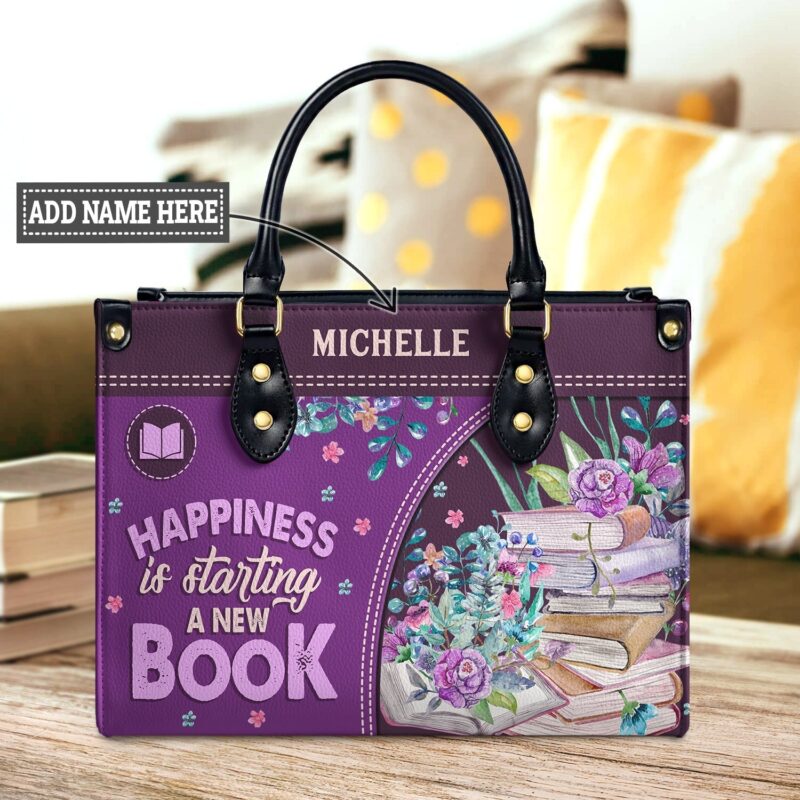 Happiness Is Starting A New Book Leather Bag - Book Lover Gift, handmade literary leather handbag