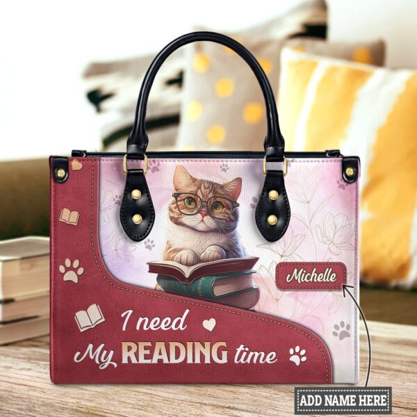 I Need My Reading Time Leather Bag - Cat Lover Gift, handmade literary leather handbag