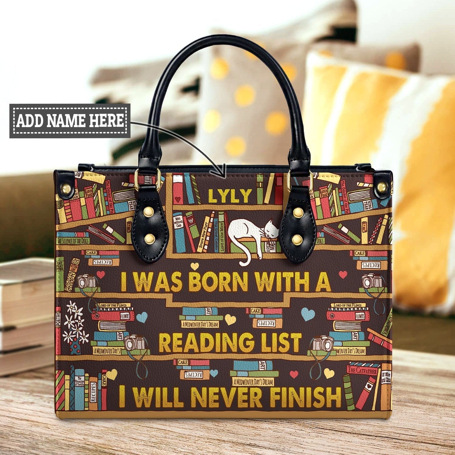 Cat Reading Quote Leather Bag, handmade literary leather handbag