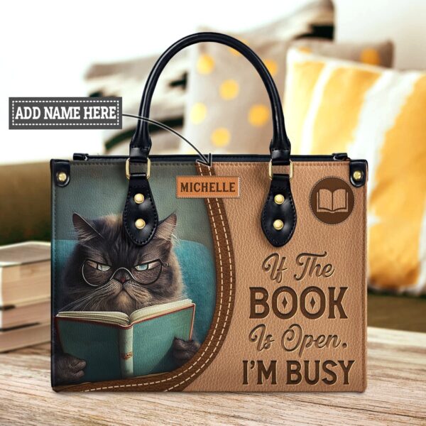 If The Book Is Open I'm Busy Leather Bag - Cat Design, handmade literary leather handbag
