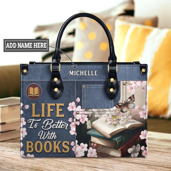 Life Is Better With Books Leather Bag, handmade literary leather handbag