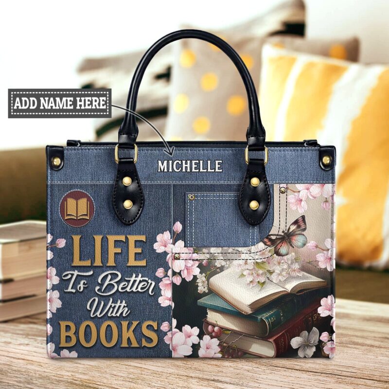 Life Is Better With Books Leather Bag, handmade literary leather handbag