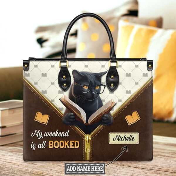 "Sorry My Weekend Is All Booked" Leather Tote Bag - Cat Design, handmade literary leather handbag