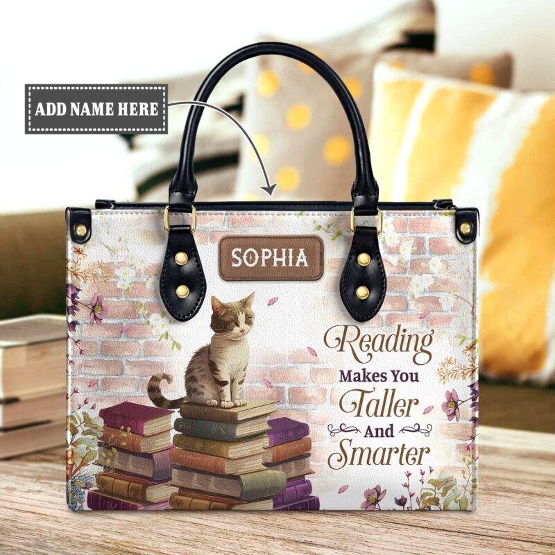 Reading Makes You Taller Smarter Leather Bag - Cat Quote, handmade literary leather handbag