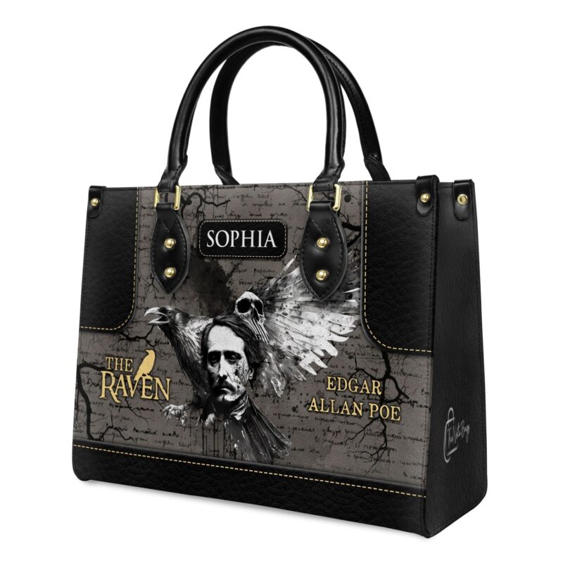 Edgar Allan Poe Raven Skull Gothic Leather Bag, view 2, handmade book lover gift
