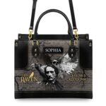 Edgar Allan Poe Raven Skull Gothic Leather Bag, view 3, handmade book lover gift