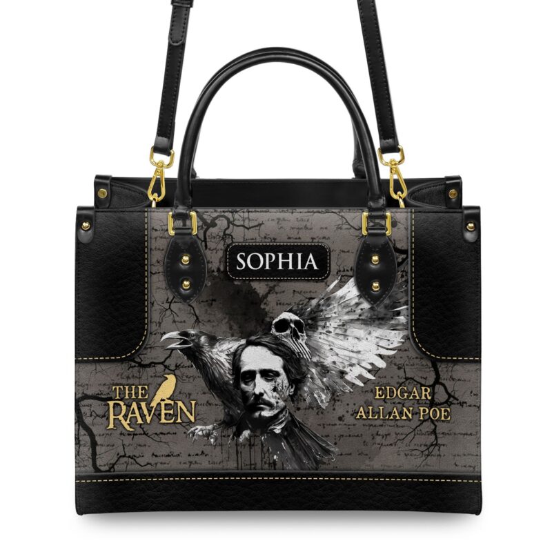 Edgar Allan Poe Raven Skull Gothic Leather Bag, view 3, handmade book lover gift