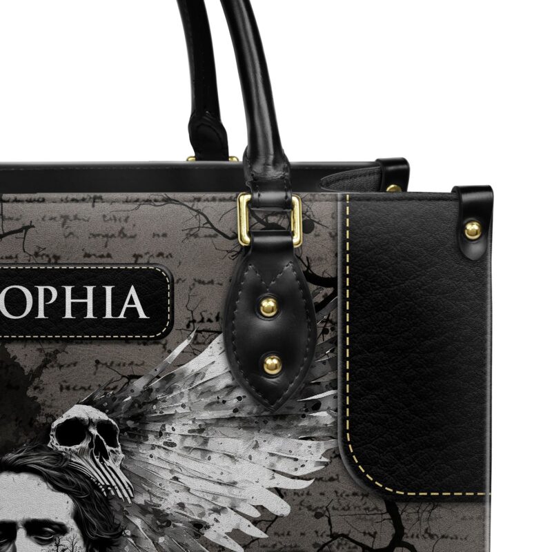 Edgar Allan Poe Raven Skull Gothic Leather Bag, view 4, handmade book lover gift
