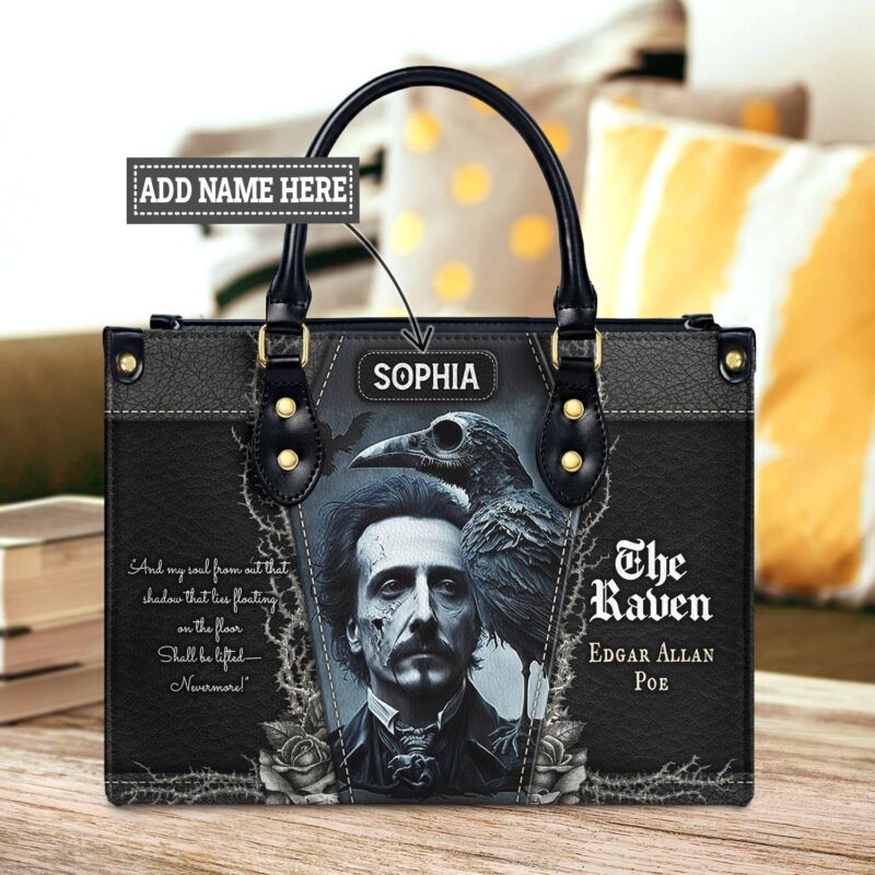 The Raven Poe Quote Leather Bag - Gothic Literary Gift, handmade literary leather handbag
