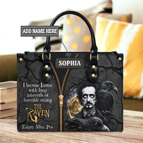 The Raven Quote Leather Bag - Edgar Allan Poe Gift, handmade literary leather handbag