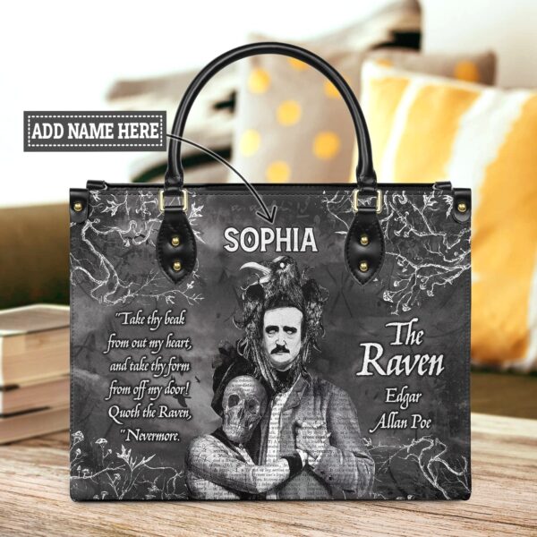 The Raven Poe Quote Leather Bag - Personalized Gothic Gift, handmade literary leather handbag
