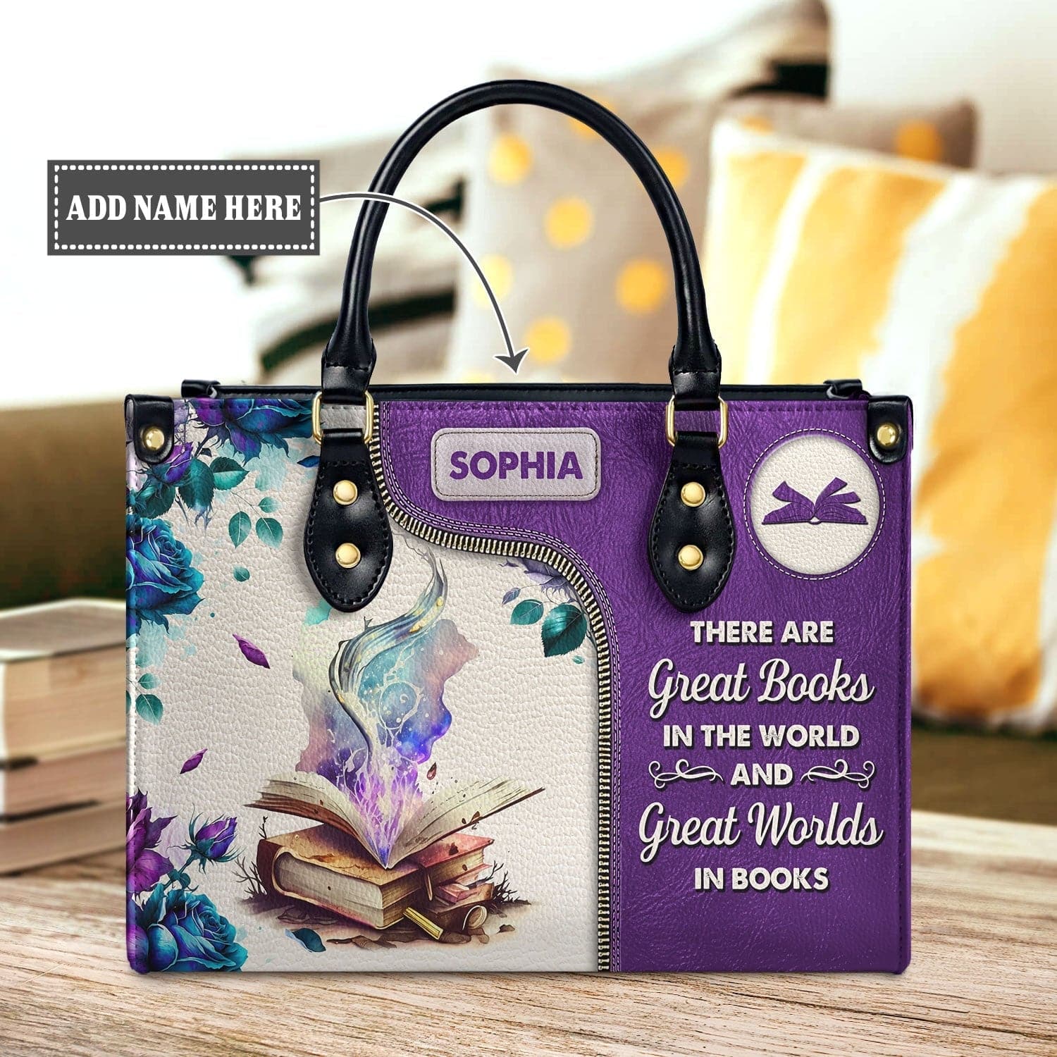 Book Lover Quote Leather Bag - Great Worlds in Books Gift, handmade literary leather handbag