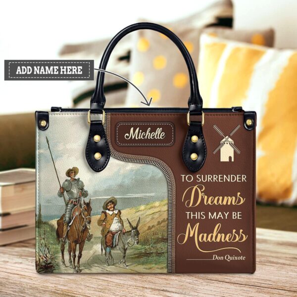 Don Quixote Quote Leather Bag - Personalized Literary Gift, handmade literary leather handbag