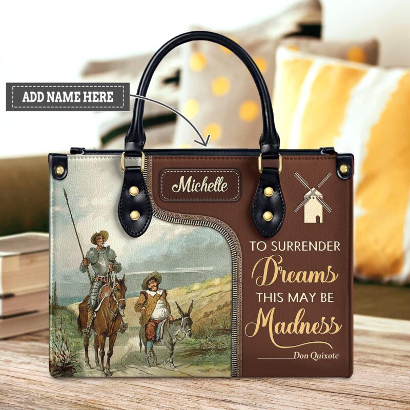 Don Quixote Quote Leather Bag - Personalized Literary Gift, handmade literary leather handbag