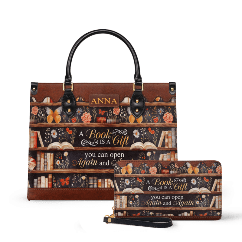 a-book-is-a-gift-you-can-open-again-and-again_LE_Wallet Custom Quote Bookshelf Leather Bag, view 2, handmade book lover gift