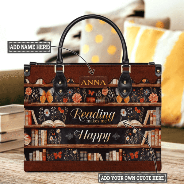 Custom Quote Bookshelf Leather Bag, handmade literary leather handbag