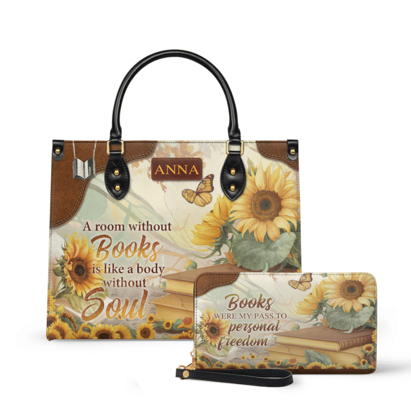 a-room-without-books-is-like-a-body-without-a-soul_LE_Wallet Custom Sunflower Quote Leather Bag, view 2, handmade book lover gift