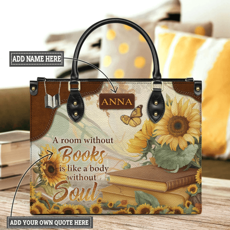 Custom Sunflower Quote Leather Bag, handmade literary leather handbag