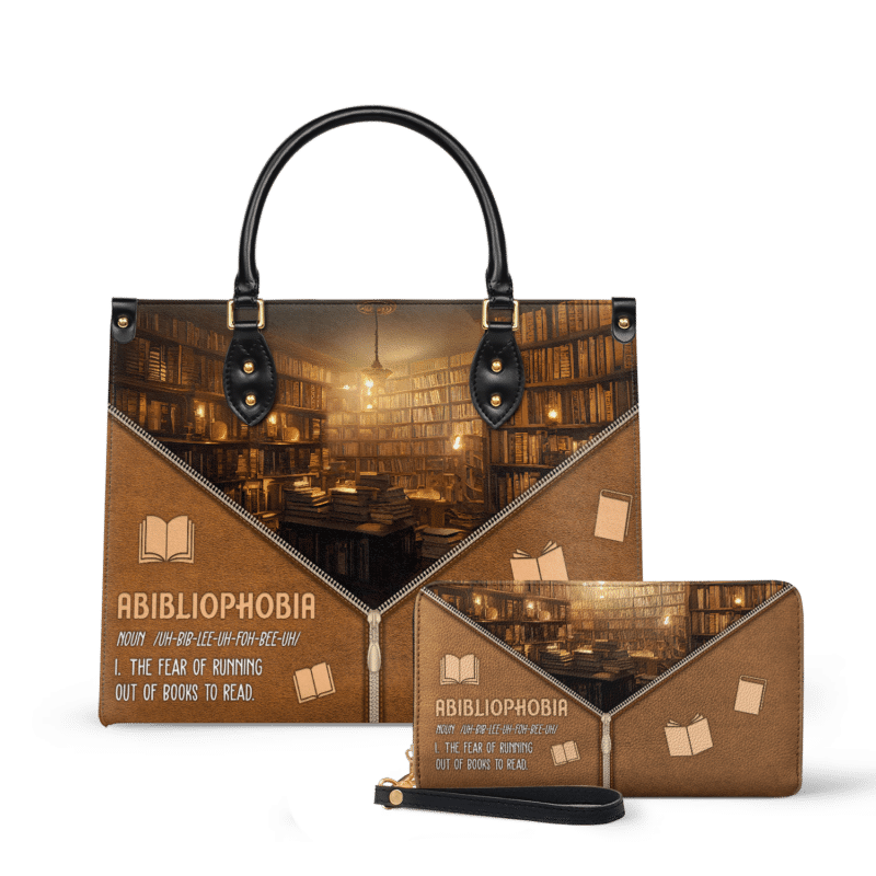 abibliophobia-noun_LE_Wallet Abibliophobia Noun Leather Book Bag, view 2, handmade book lover gift
