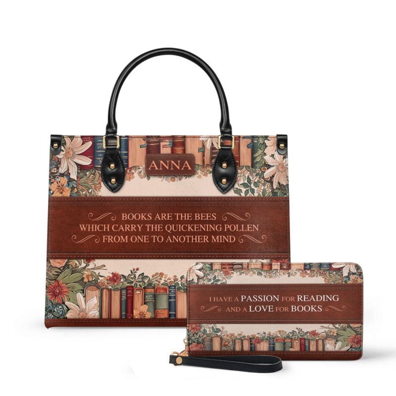 books-are-the-bees-which-carry-the-quickening-pollen-from-one-to-another-mind_LE_Wallet Floral Bookshelf Quote Leather Bag - Custom Personalized Gift, view 2, handmade book lover gift