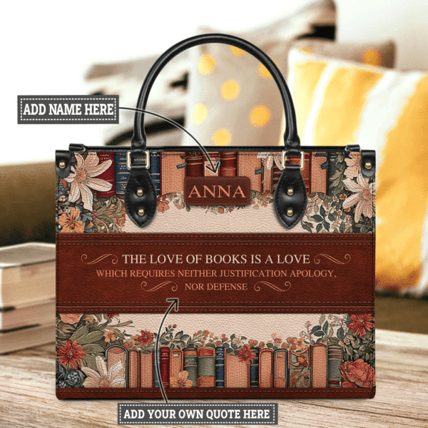 Floral Bookshelf Quote Leather Bag - Custom Personalized Gift, handmade literary leather handbag