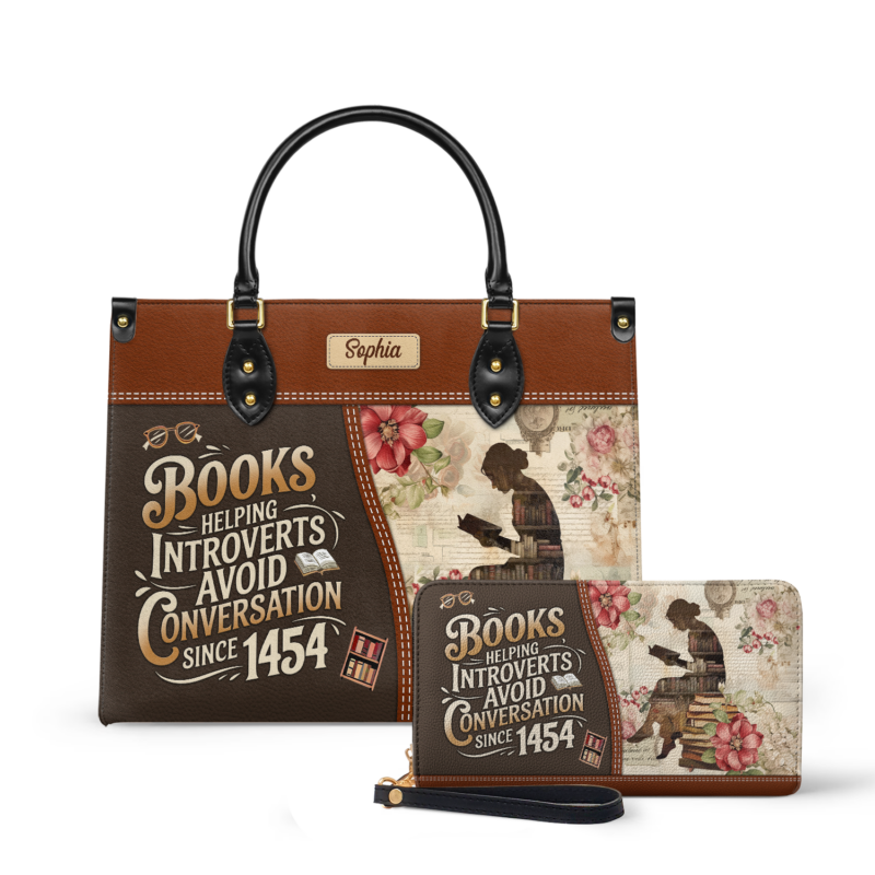 Books Helping Introverts Avoid Conversation Leather Bag, view 2, handmade book lover gift