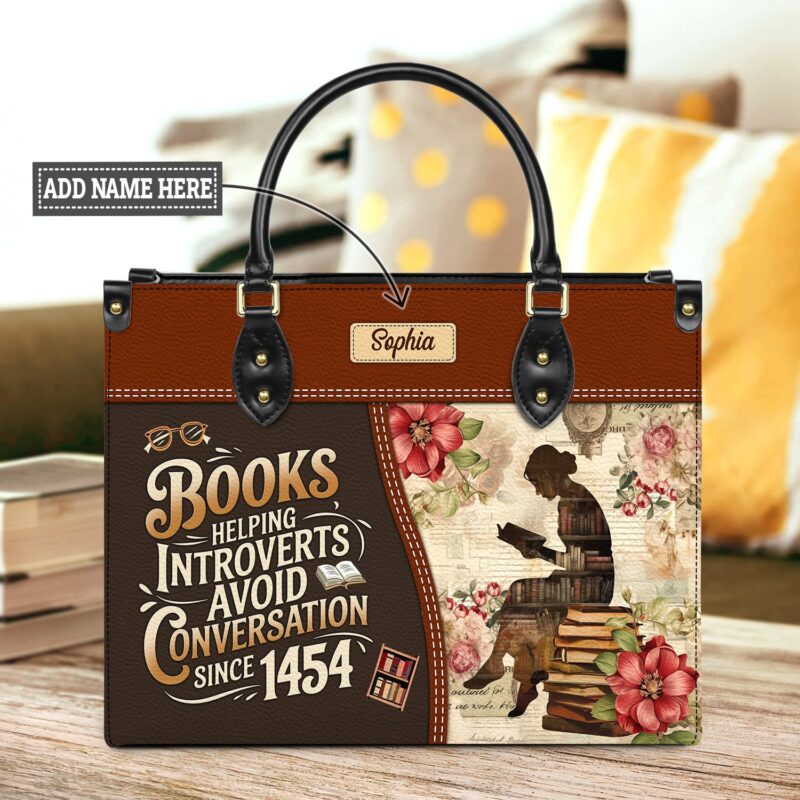 Books Helping Introverts Avoid Conversation Leather Bag, handmade literary leather handbag