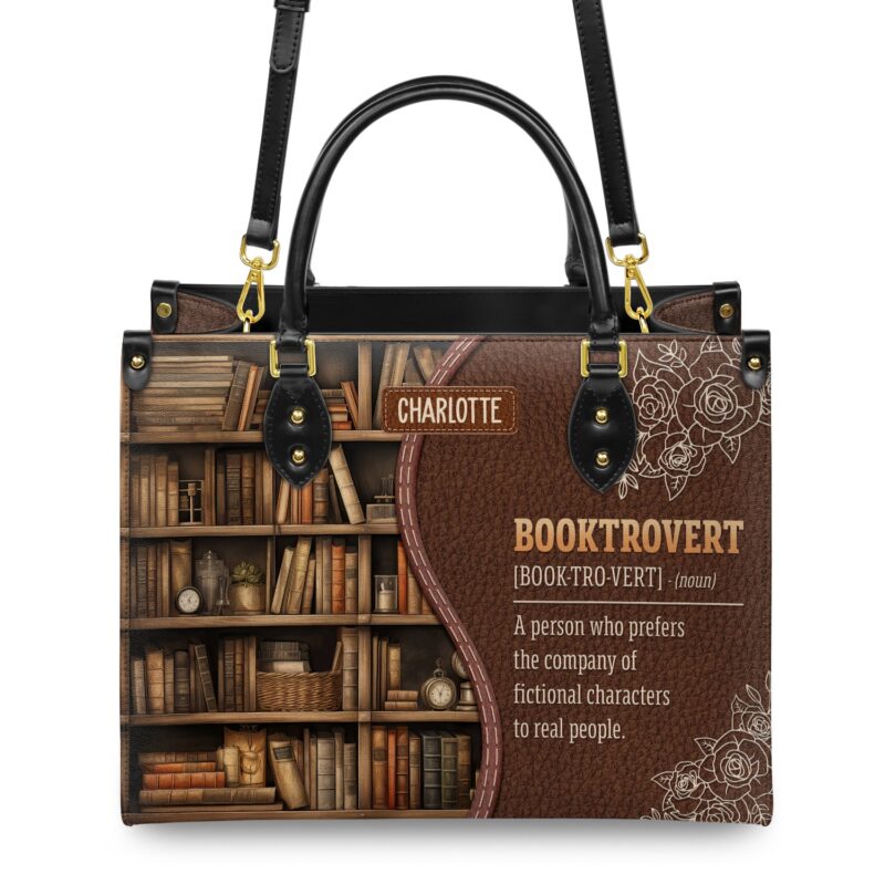 Booktrovert Noun Leather Bag, view 4, handmade book lover gift