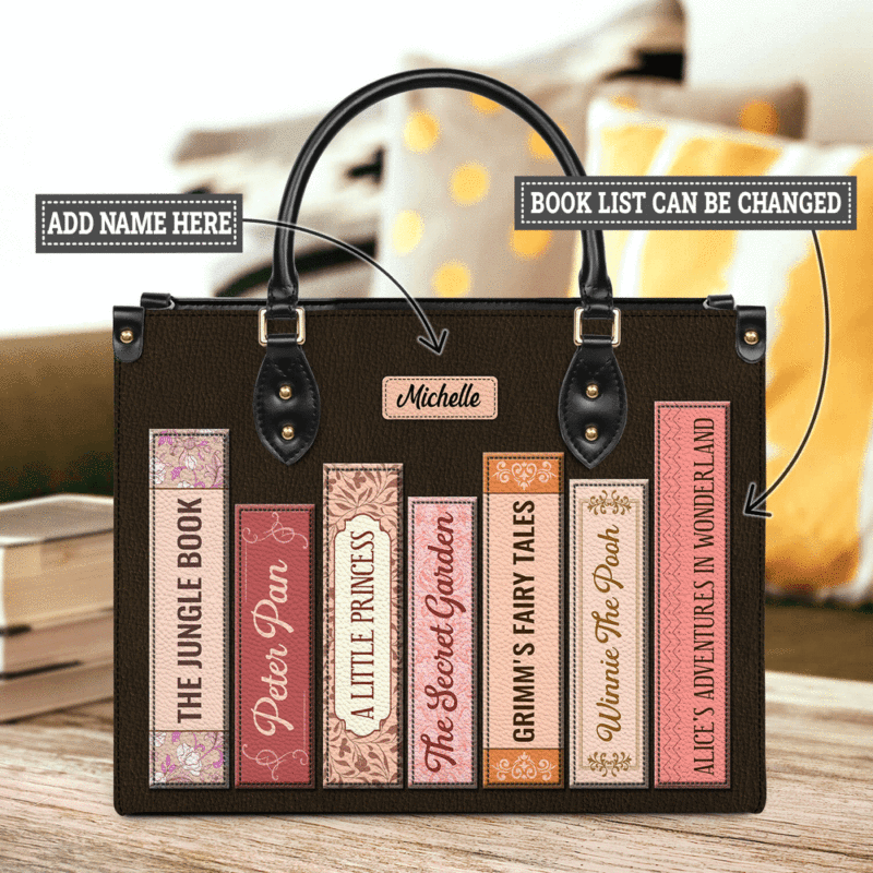 Custom Bookshelf Leather Bag, handmade literary leather handbag