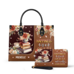 Happiness Is A Cup Of Tea And A Really Good Book Leather Bag, view 2, handmade book lover gift