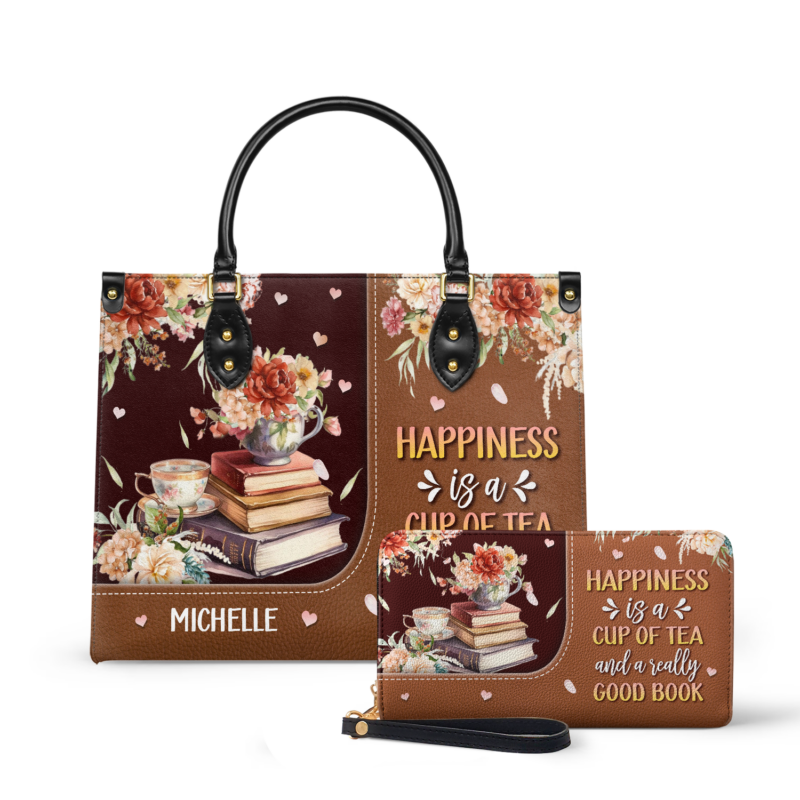 Happiness Is A Cup Of Tea And A Really Good Book Leather Bag, view 2, handmade book lover gift