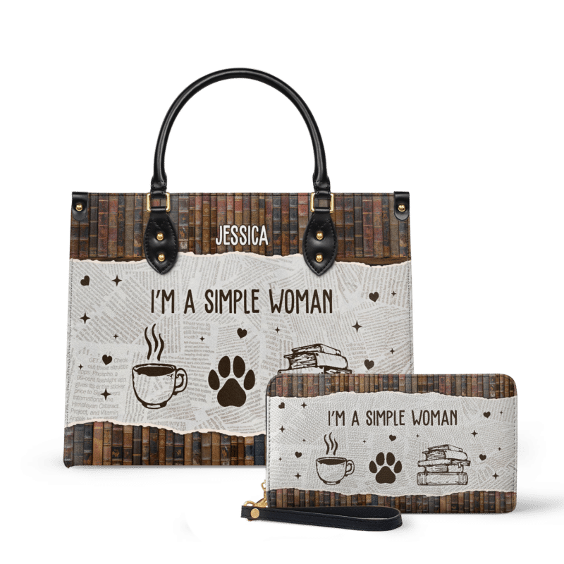 I Am A Simple Woman Leather Bag - Personalized Dog & Coffee Quote, view 2, handmade book lover gift