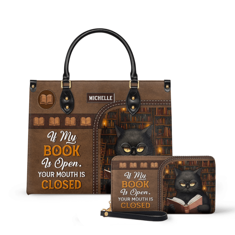 if-my-books-is-open_-your-mouth-is-closed_LE_Wallet If My Book Is Open Your Mouth Is Closed Leather Bag - Cat Lover Gift, view 2, handmade book lover gift