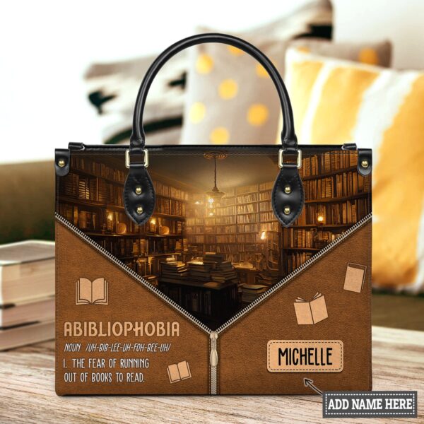 Abibliophobia Noun Leather Book Bag, handmade literary leather handbag