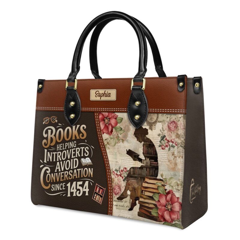 Books Helping Introverts Avoid Conversation Leather Bag, view 3, handmade book lover gift