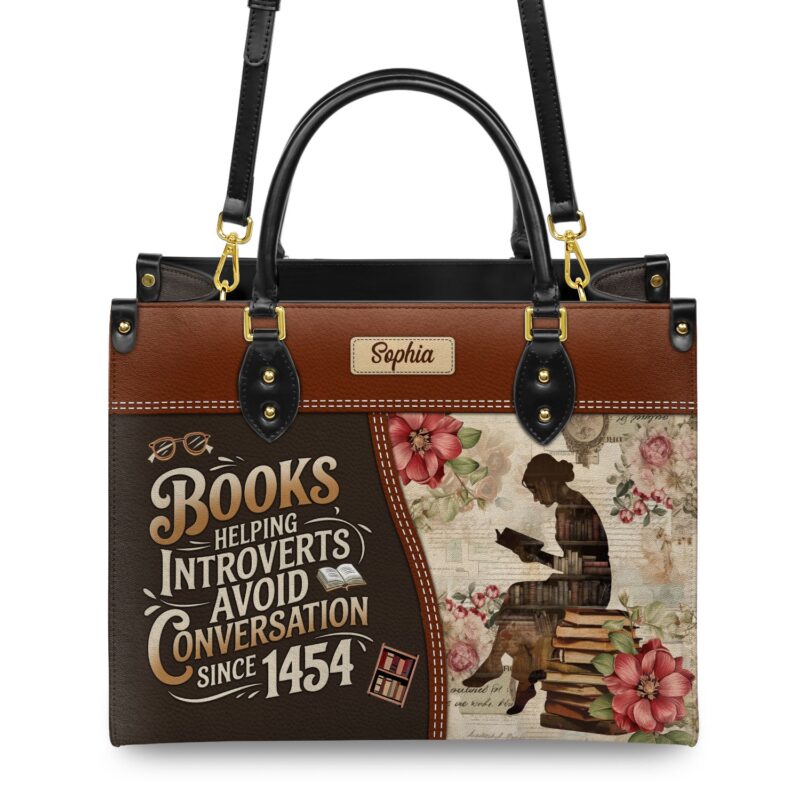 Books Helping Introverts Avoid Conversation Leather Bag, view 4, handmade book lover gift