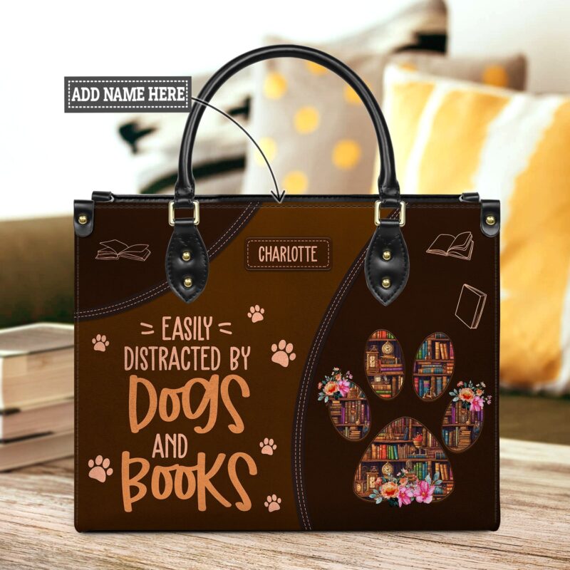 Easily Distracted By Dogs And Books Leather Bag, handmade literary leather handbag