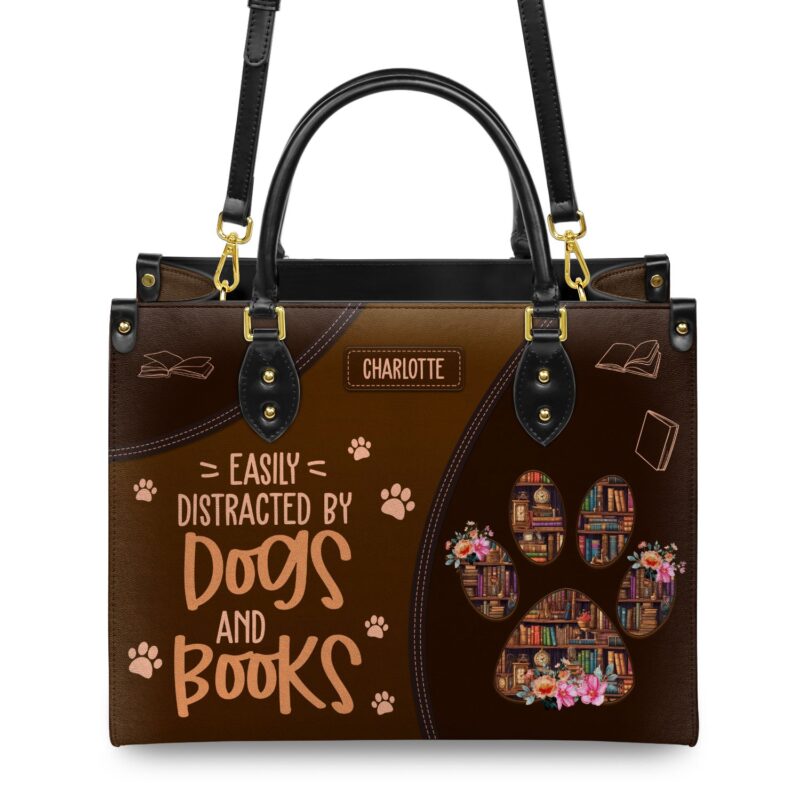 Easily Distracted By Dogs And Books Leather Bag, view 3, handmade book lover gift