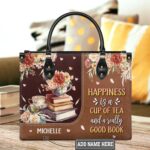 Happiness Is A Cup Of Tea And A Really Good Book Leather Bag, handmade literary leather handbag