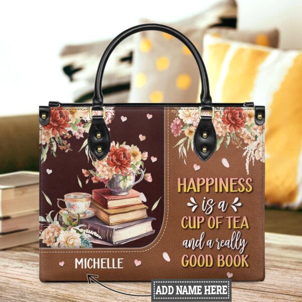 Happiness Is A Cup Of Tea And A Really Good Book Leather Bag, handmade literary leather handbag
