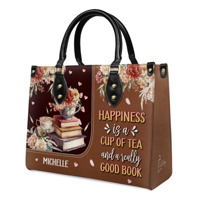 Happiness Is A Cup Of Tea And A Really Good Book Leather Bag, view 3, handmade book lover gift