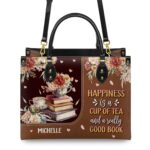 Happiness Is A Cup Of Tea And A Really Good Book Leather Bag, view 4, handmade book lover gift