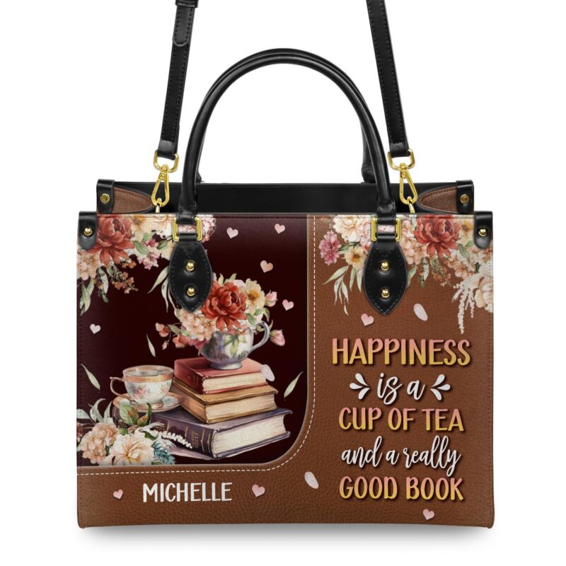 Happiness Is A Cup Of Tea And A Really Good Book Leather Bag, view 4, handmade book lover gift