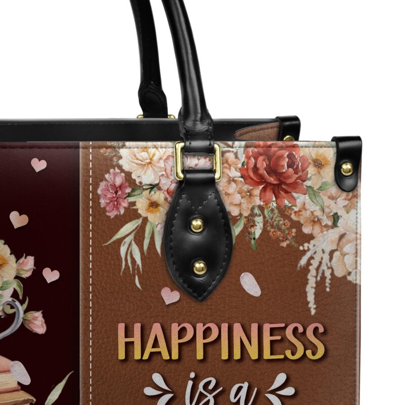 Happiness Is A Cup Of Tea And A Really Good Book Leather Bag, view 5, handmade book lover gift