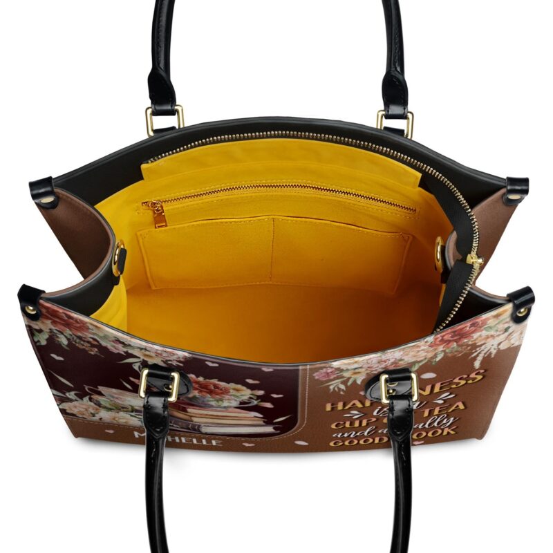 Happiness Is A Cup Of Tea And A Really Good Book Leather Bag, view 8, handmade book lover gift